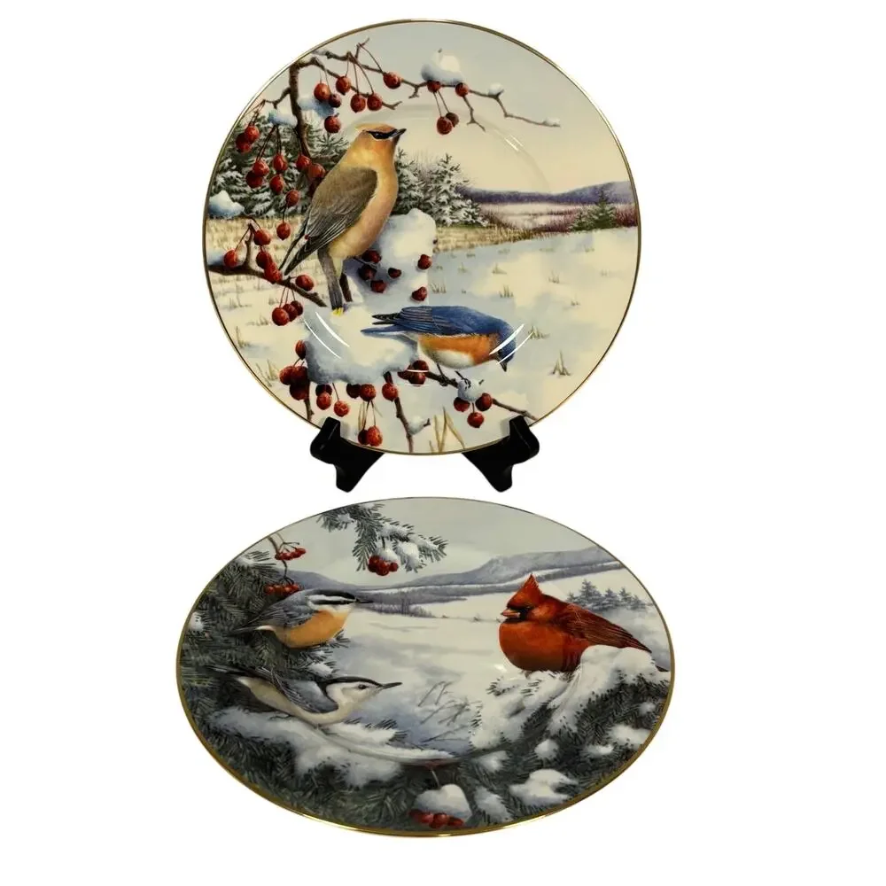 Lenox Winter Greetings Scenic Cardinal Waxwing Birds Serving Plates Bowl Set 3